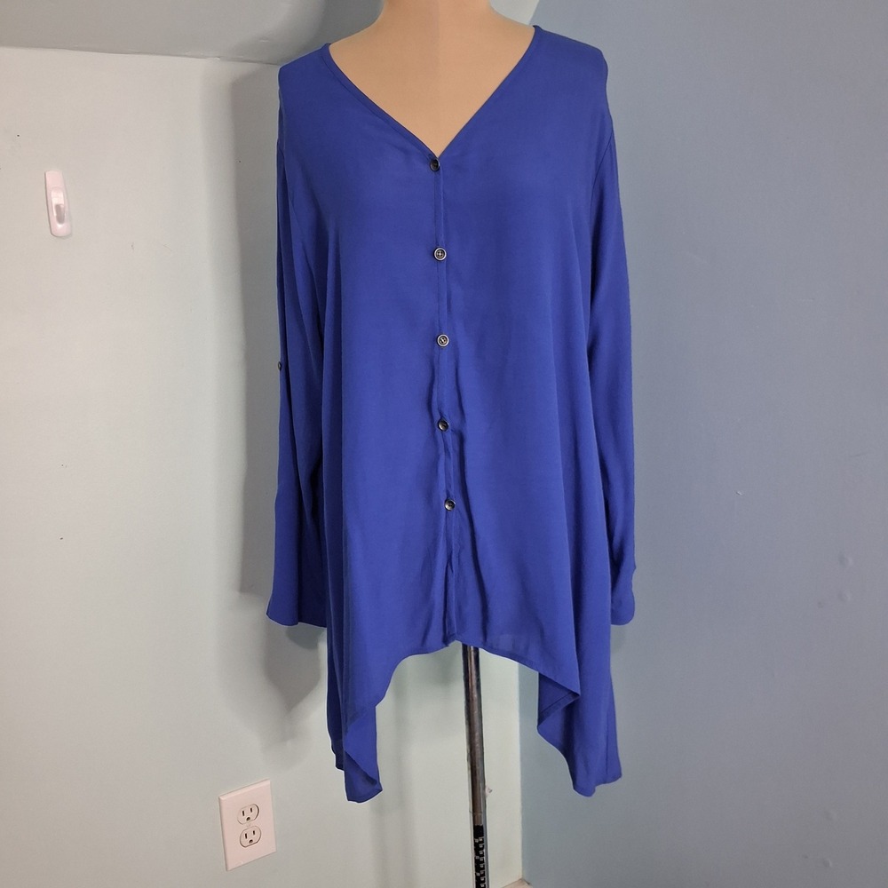 Chalet et Ceci Royal Blue Button Front Handkerchief Hem Tunic Top Small NWT USA